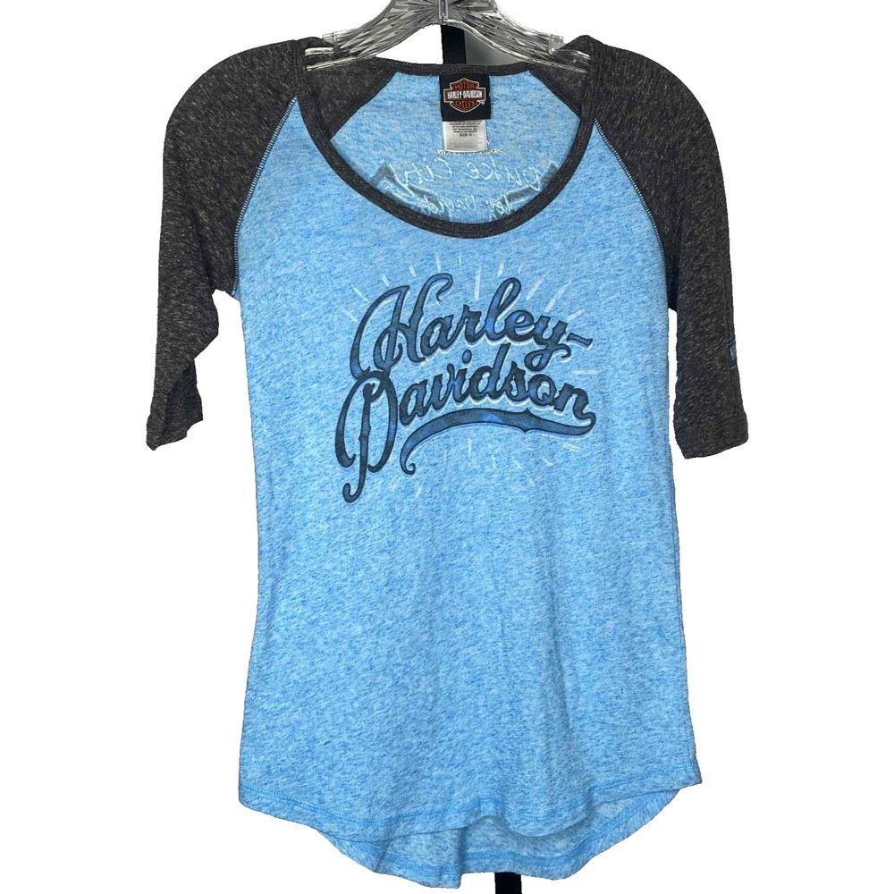 Harley-Davidson Womens Turquoise raglan 3/4 Sleeve Graphic Cotton Tee Size small - Picture 1 of 8